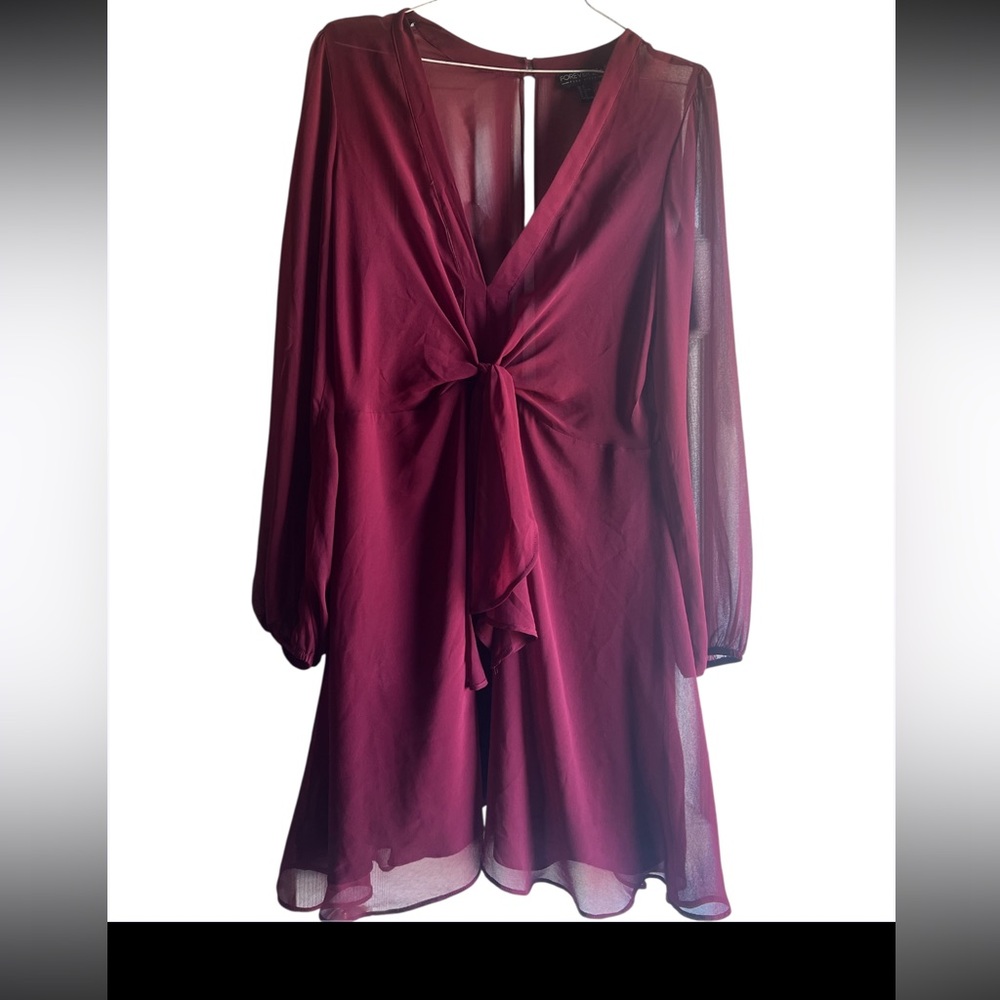 Forever 21 Burgundy Tie-Front Chiffon Dress | Long Sleeve | Keyhole Back